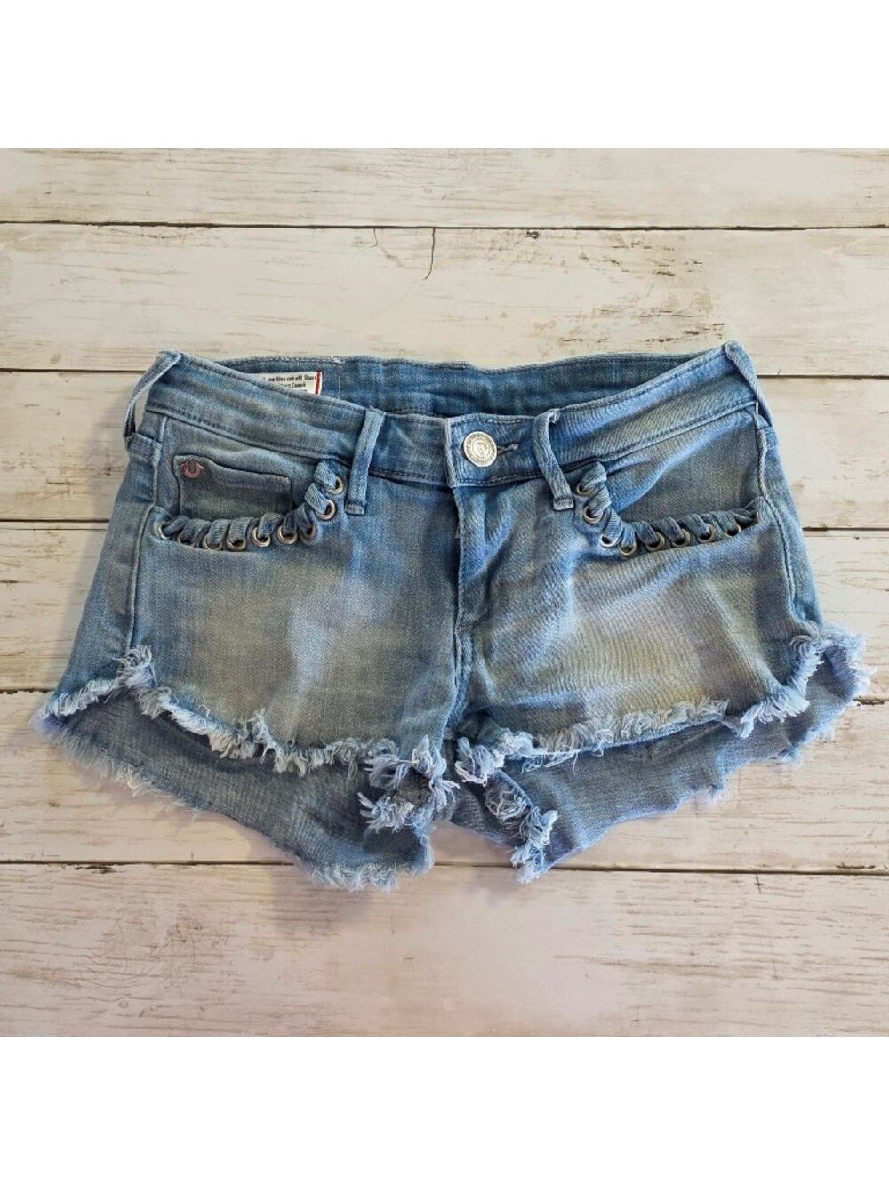 True Religion Joey Denim Grommet Lace Up Low Rise Cut Off Summer Festival Shorts